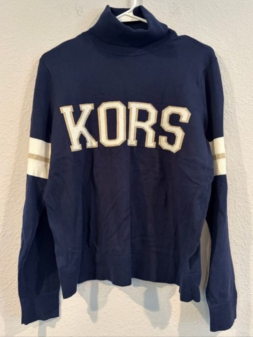 NEW Michael Kors Womens Classic Midnight Blue Gold Cream Varsity Graphic Sweater